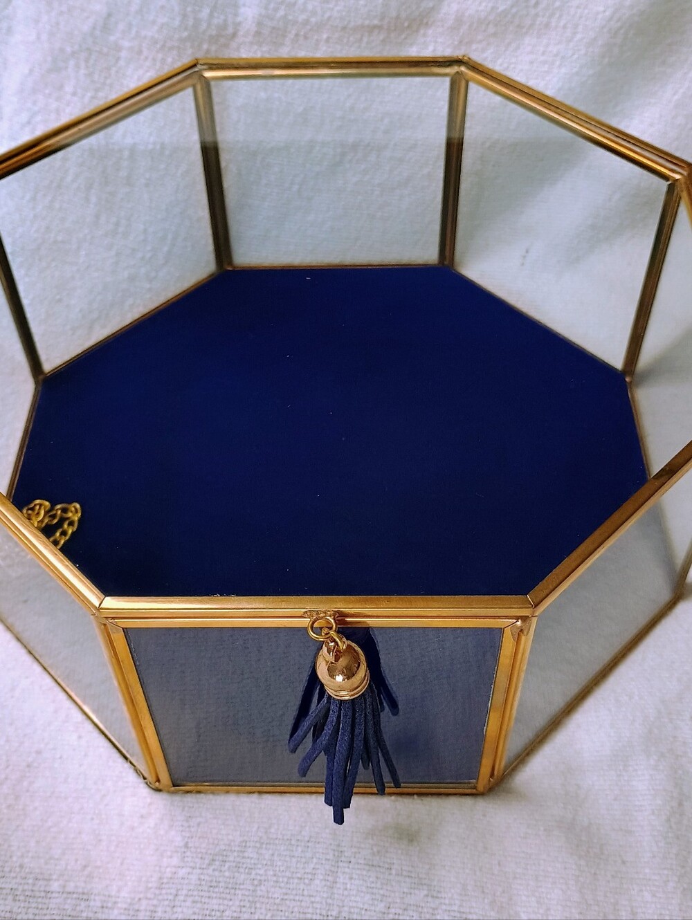 Glass Brass Trim Jewelry Box Large Cynthia Rowley New York Hinged Lid Octagonal